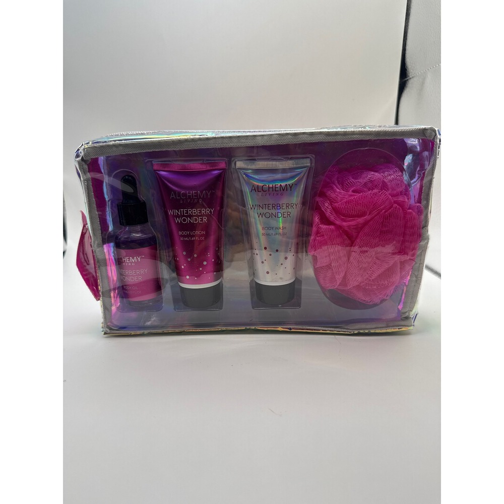 Alchemy Living Luxe Bath Travel Set Winterberry Wonder 4pc Holographic Bag NEW